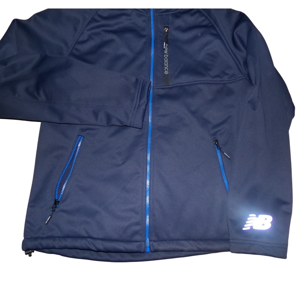 New Balance Mens Softshell Hooded Jacket Navy MED Full Zip Reflective Logo NEW - Picture 2 of 4